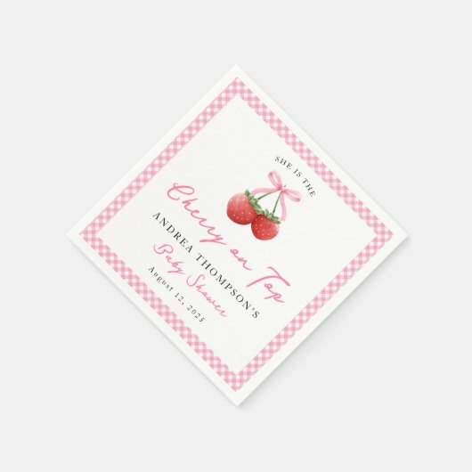 Pink Bow Cherry auf Top Gingham Baby Dusche Serviette (Ecke)