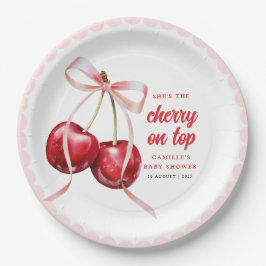 Pink Bow Cherry Baby Shower Paper Plate Pappteller