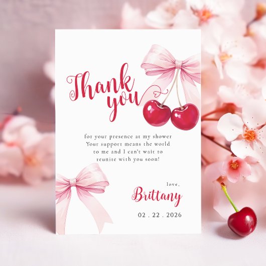 Pink Bow Cherry Baby Shower Thank You Card Dankeskarte
