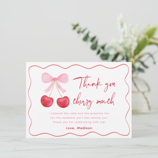Pink Bow Cherry Birthday Dankeskarte (Stehend Vorderseite)