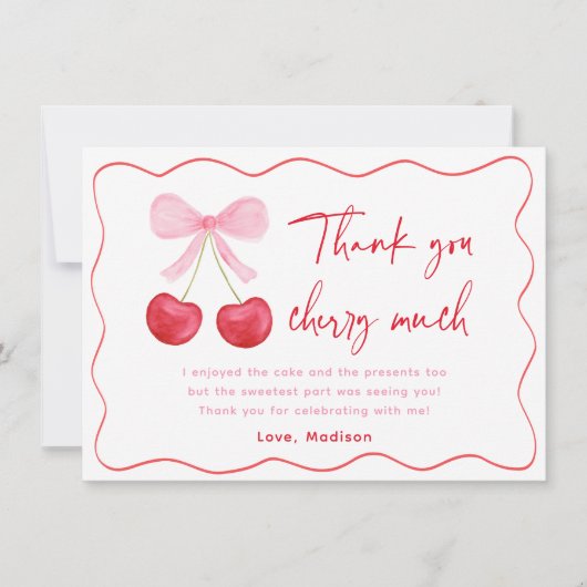 Pink Bow Cherry Birthday Dankeskarte (Vorderseite)