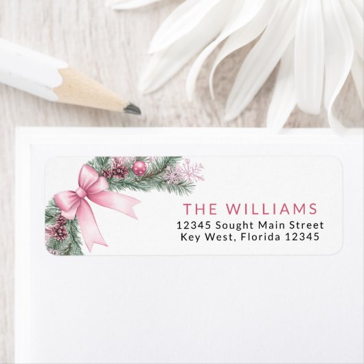 Pink Bow Christmas Return Address Labels (Insitu)
