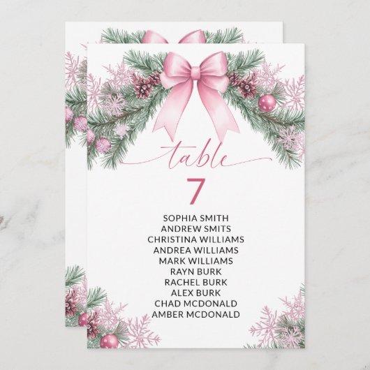 Pink Bow Christmas Table Number Seating Chart Einladung (Vorne/Hinten)