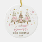 Pink Bow Christmas Tree Girl First Christmas Keramik Ornament (Vorne)