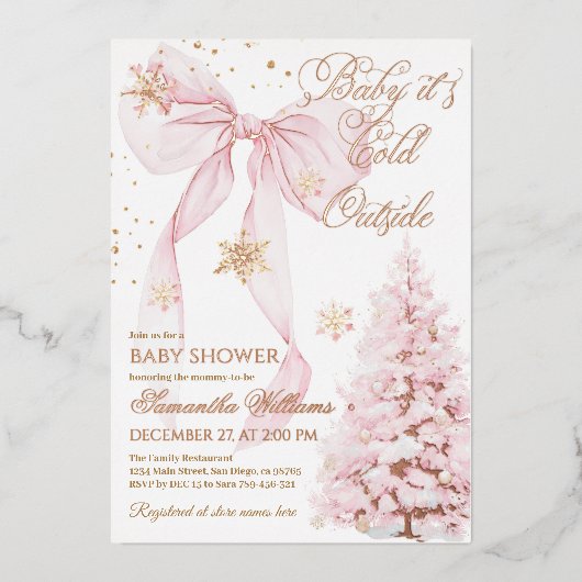 Pink Bow Cold Outside Baby Girl Dusche Folieneinladung (Vorderseite)