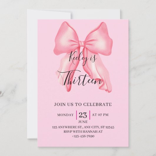 Pink Bow Coquette 10th 14th 18th 20 Birthday Girls Einladung (Vorderseite)