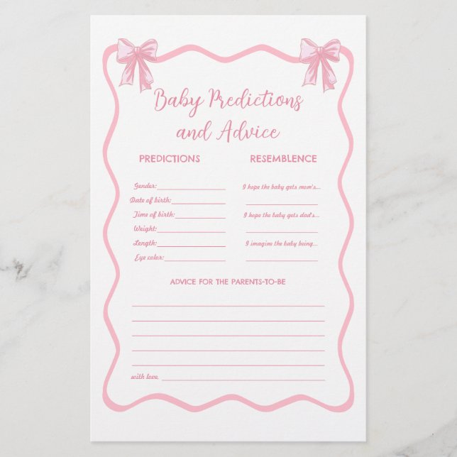 Pink Bow Coquette Baby Shower Predictions Spiel (Vorderseite)