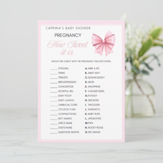 Pink Bow Coquette Babydusche - bestellbarer Name,  Einladung (Stehend Vorderseite)