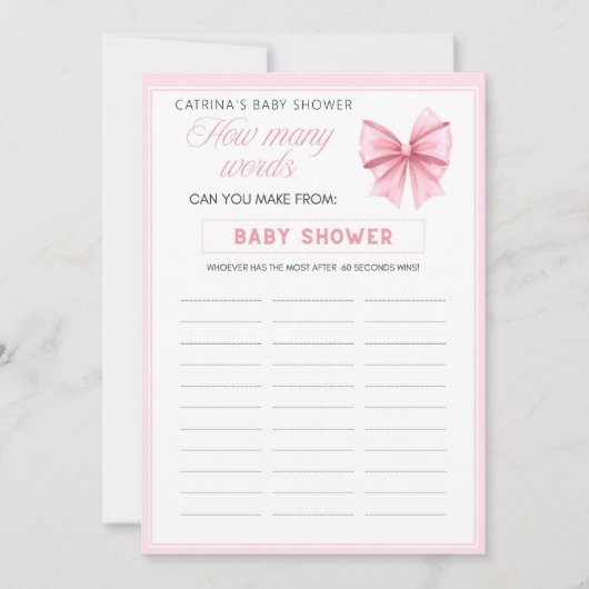Pink Bow Coquette Babydusche - bestellbarer Name, Einladung (Vorderseite)