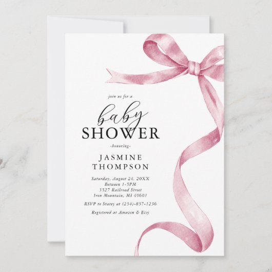 Pink Bow Coquette Babydusche Einladung (Vorderseite)