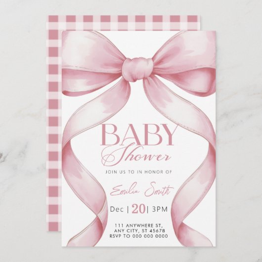 Pink Bow Coquette Babydusche Einladung (Vorne/Hinten)