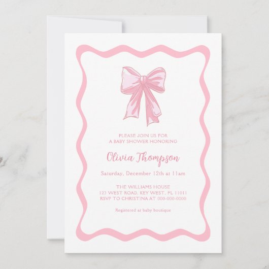 Pink Bow Coquette Babydusche Einladung (Vorderseite)