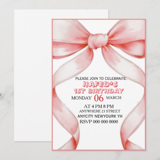 Pink Bow Coquette Bow Birthday Invitation, 13th Bi Einladung (Vorne/Hinten)