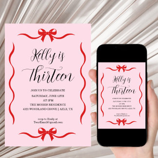 Pink Bow Coquette Bow Birthday Invitation, 13th Einladung