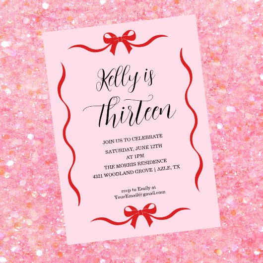 Pink Bow Coquette Bow Birthday Thirteen Einladung