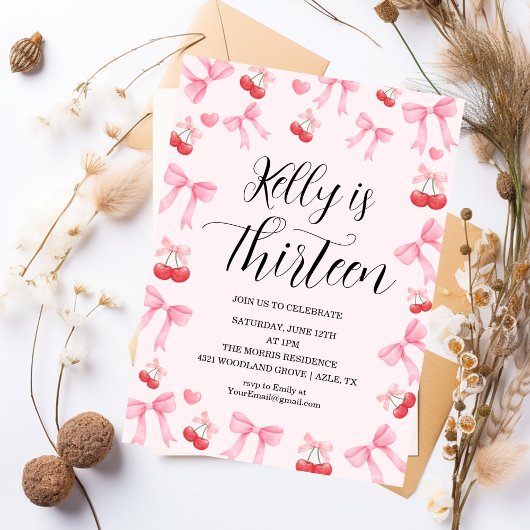 Pink Bow Coquette Bow Birthday Thirteen  Einladung