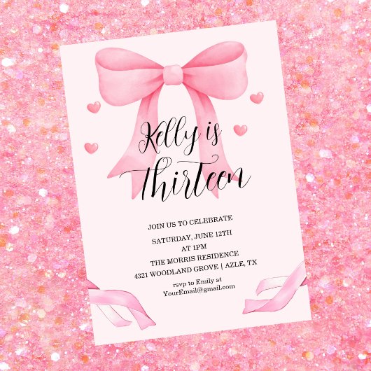 Pink Bow Coquette Bow Birthday Thirteen Invitation Einladung