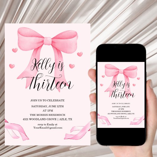 Pink Bow Coquette Bow Birthday Thirteen Invitation Einladung