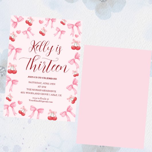 Pink Bow Coquette Bow Cherry Birthday, 13th Einladung