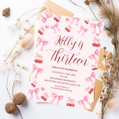 Pink Bow Coquette Bow Cherry Birthday, 13th Einladung