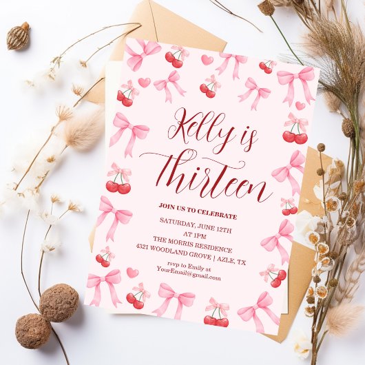 Pink Bow Coquette Bow Cherry Birthday, 13th Einladung