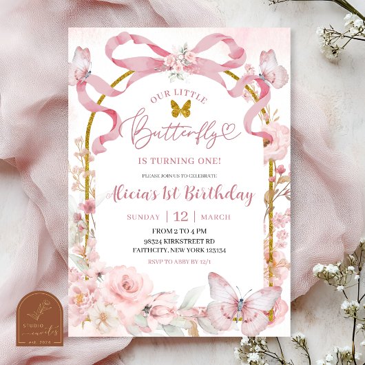 Pink Bow Coquette Butterfly 1st Birthday Invitatio Einladung