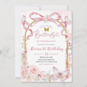 Pink Bow Coquette Butterfly 1st Birthday Invitatio Einladung (Vorderseite)