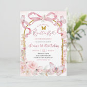 Pink Bow Coquette Butterfly 1st Birthday Invitatio Einladung (Stehend Vorderseite)
