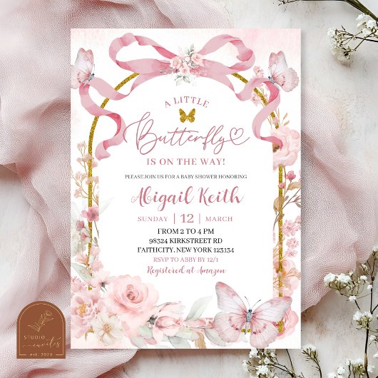 Pink Bow Coquette Butterfly Baby Shower Invitation Einladung