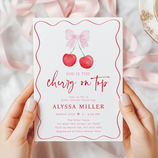 Pink Bow Coquette Cherry auf Top Baby Dusche Einladung