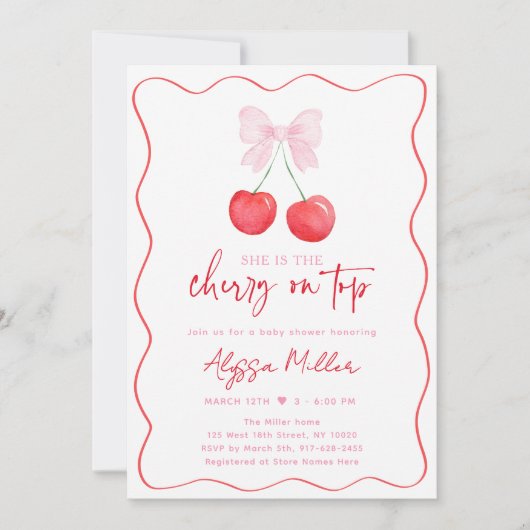 Pink Bow Coquette Cherry Baby Dusche Einladung (Vorderseite)