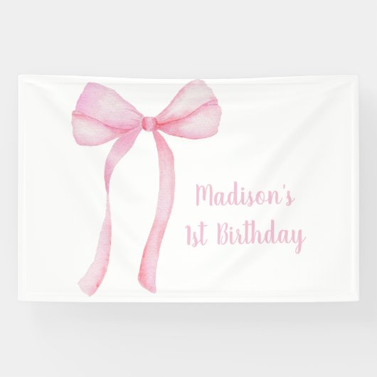 Pink Bow Coquette Erster Geburtstag Banner (Horizontal)