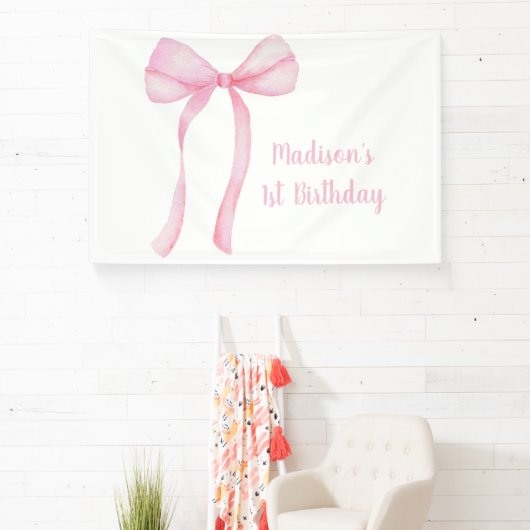 Pink Bow Coquette Erster Geburtstag Banner (InSitu)