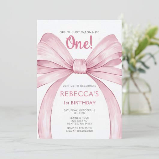 Pink Bow Coquette Erster Geburtstag Einladung (Stehend Vorderseite)