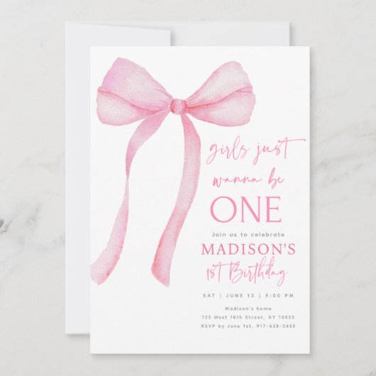 Pink Bow Coquette Erster Geburtstag Einladung (Vorderseite)