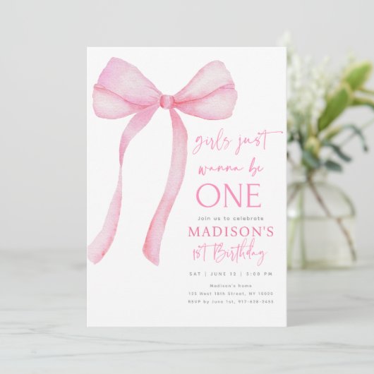 Pink Bow Coquette Erster Geburtstag Einladung (Stehend Vorderseite)