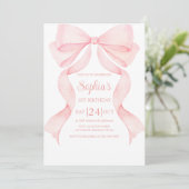 Pink Bow Coquette First Birthday Invitation Einladung (Stehend Vorderseite)