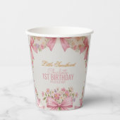 Pink Bow Coquette Floral 1st Birthday Personalized Pappbecher (Vorderseite)