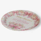 Pink Bow Coquette Floral 1st Birthday Personalized Pappteller (Schrägansicht)
