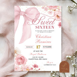 Pink Bow Coquette floral Sweet Sixteen Einladung