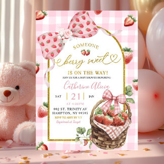 Pink Bow Coquette Gingham Berry Sweet Baby Shower Einladung