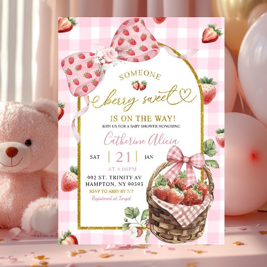 Pink Bow Coquette Gingham Berry Sweet Baby Shower Einladung