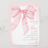 Pink Bow Coquette Girl 1. Geburtstag Einladung (Vorne/Hinten)