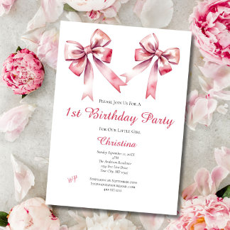 Pink Bow Coquette Girly Einladung zum 1. Geburtsta