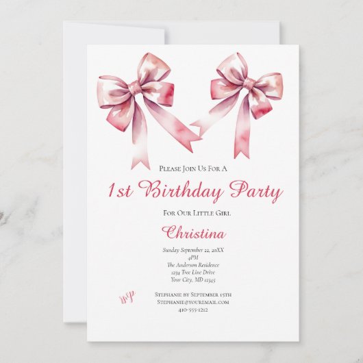 Pink Bow Coquette Girly Einladung zum 1. Geburtsta (Vorderseite)