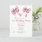 Pink Bow Coquette Girly Einladung zum 1. Geburtsta (Stehend Vorderseite)