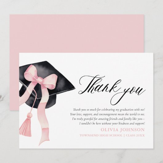 Pink Bow Coquette Graduation Cap Danke Karten (Vorne/Hinten)