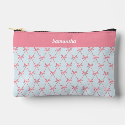 Pink Bow Coquette-Muster auf Blue Individuelle Nam Zubehörtasche (Vorderseite)
