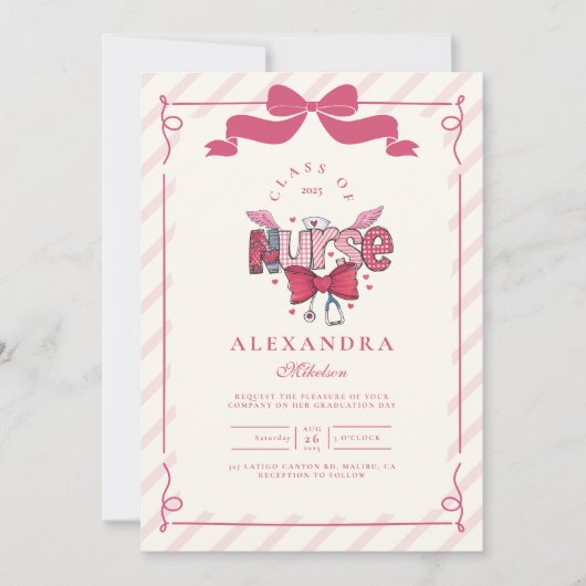 Pink Bow Coquette Nursing School Graduate Einladung (Vorderseite)