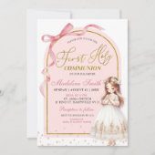 Pink Bow Coquette Pearl Erster Heiliger Kommune Einladung (Vorderseite)